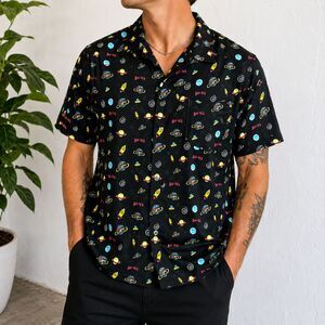 Buc-ee’s Space Print Button Up Shirt Black Retro Novelty Size XL